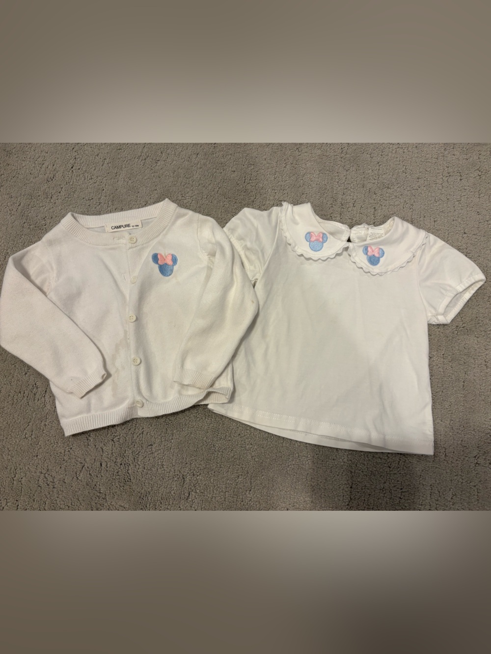 Baby Girl’s Custom Minnie Mouse Disney White Cardigan Sweater & Shirt 12-18 mo